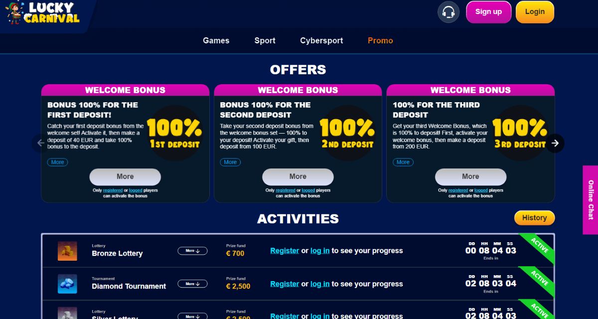 Screenshot of the Lucky Carnival website